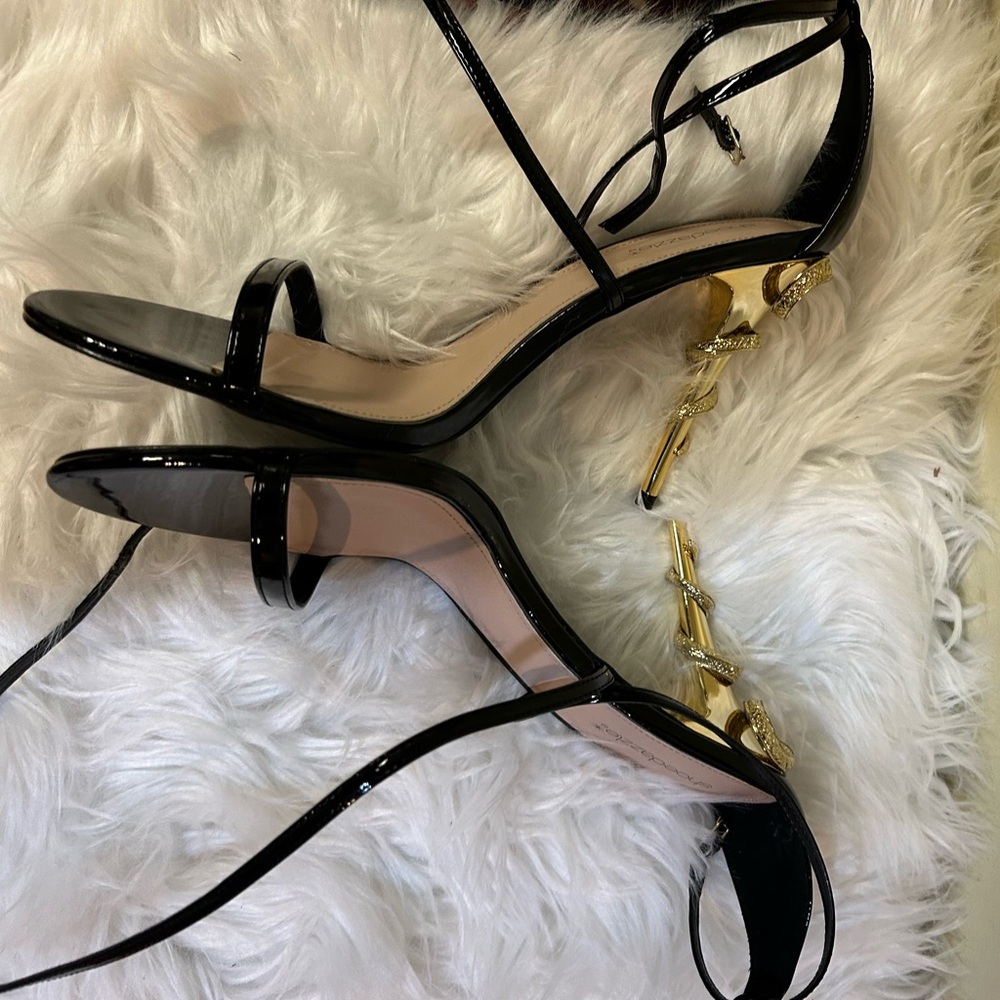 Elegant Black Strappy Heels with Gold Accents